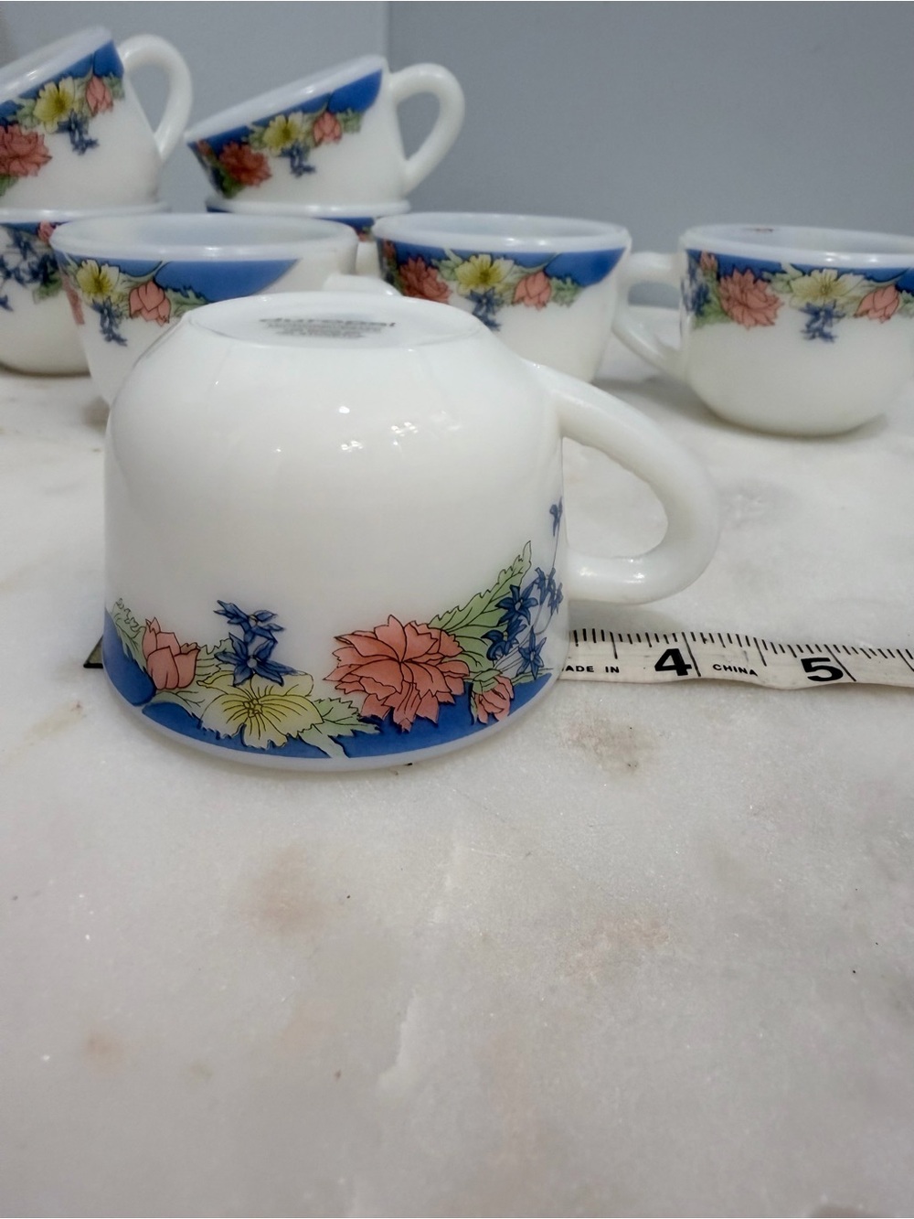 Vintage 90s Duropal French Opal Glass Teacups Set 7 Floral Blue Rim Coffee Cups - Picture 11 of 13